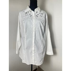 CJ Banks Womens Collared Academia Business Embroidered Button-Up Blouse White 1X